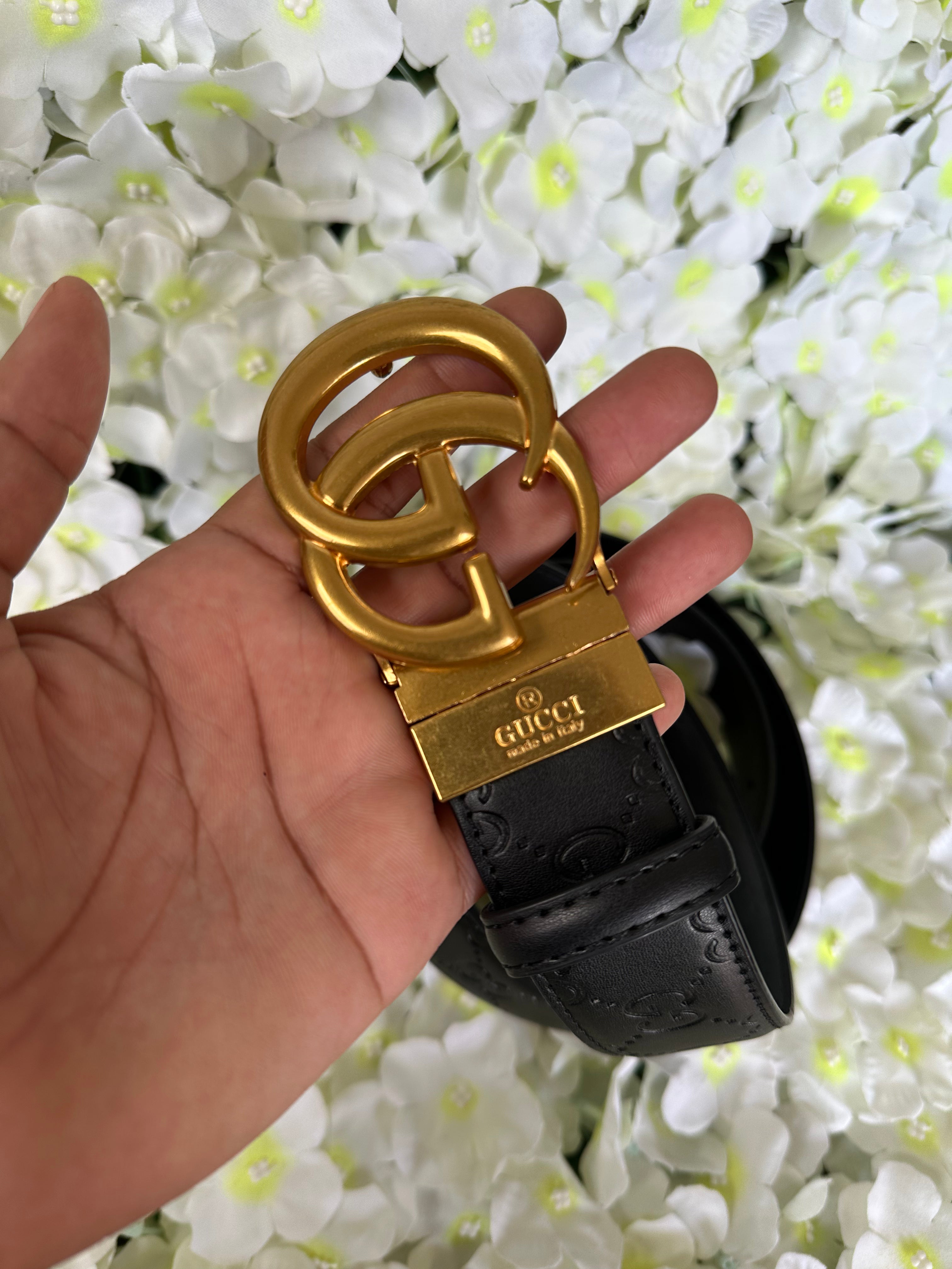 Embossed Leather Belt with Interlocking Buckle