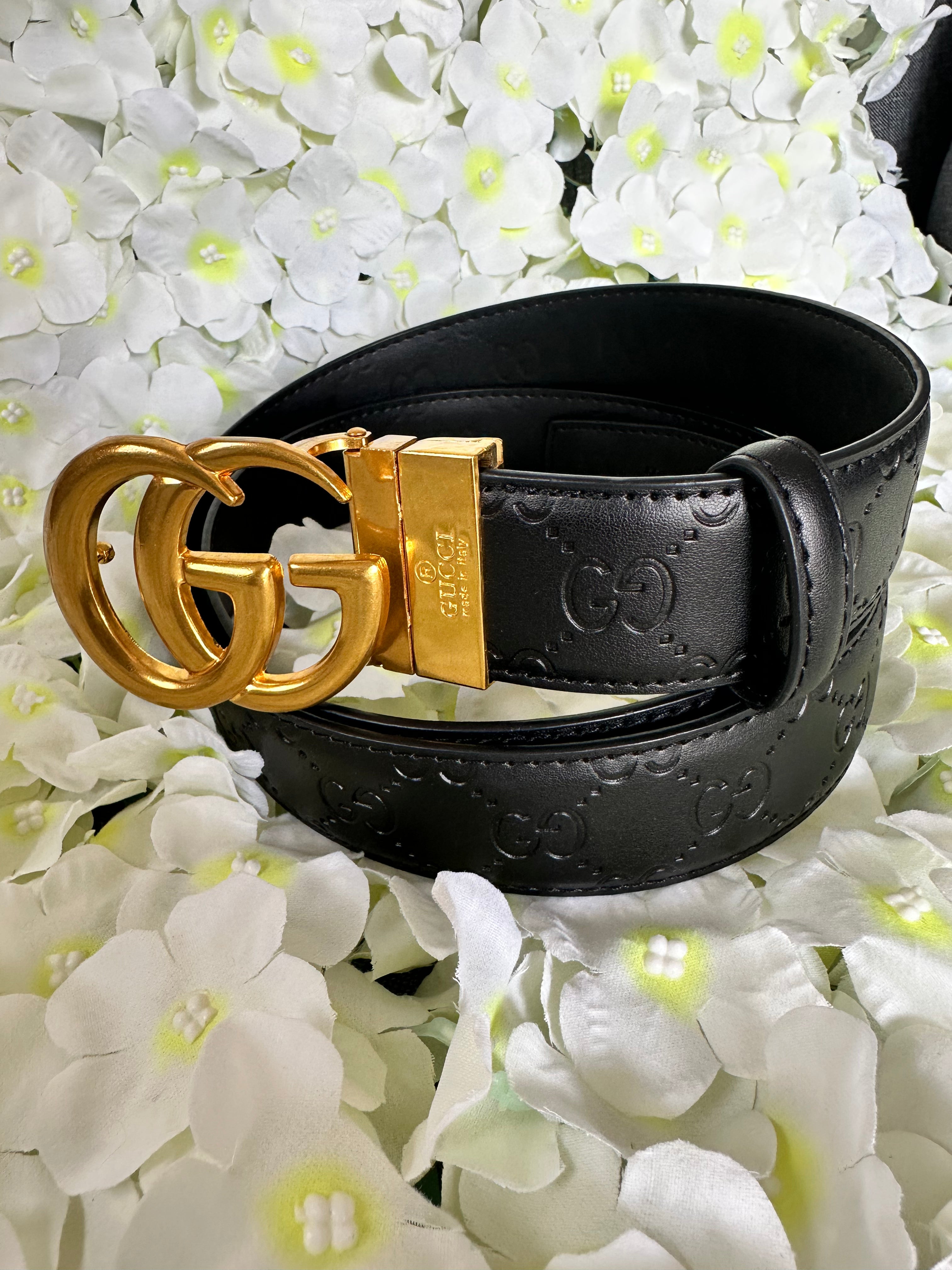 Embossed Leather Belt with Interlocking Buckle