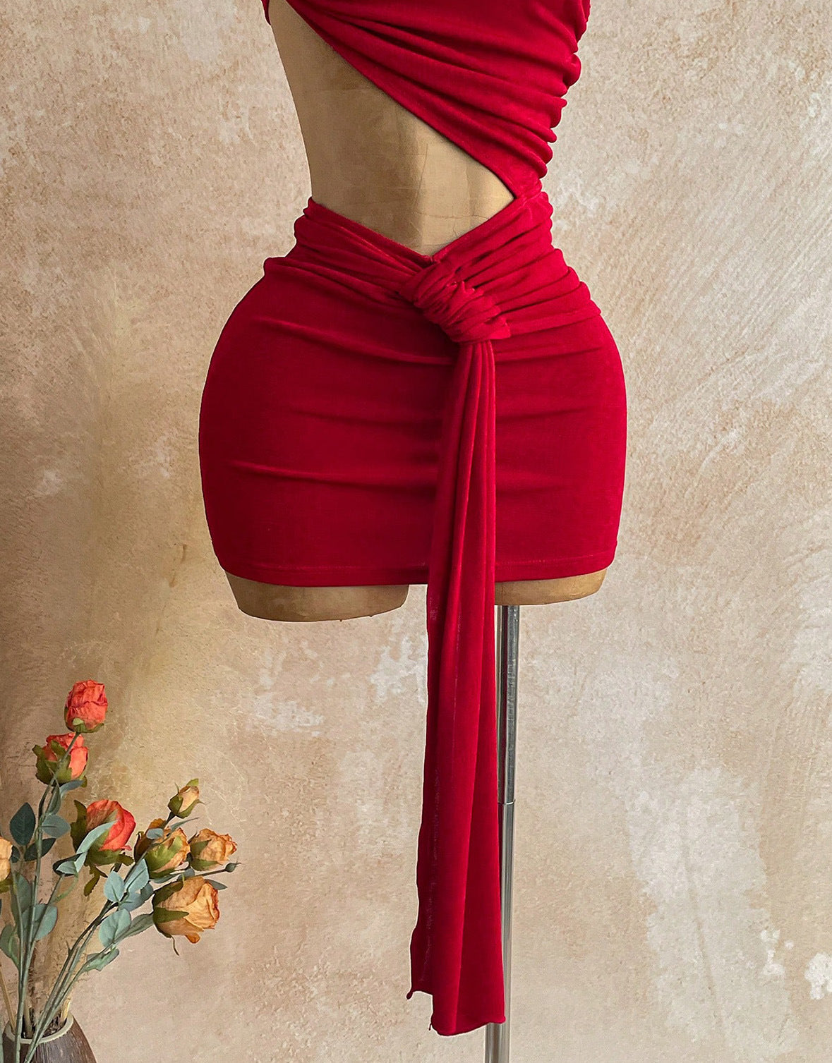 Cutout Ruched Two-Piece Crop Top and Mini Skirt Set with Long Tie Detail