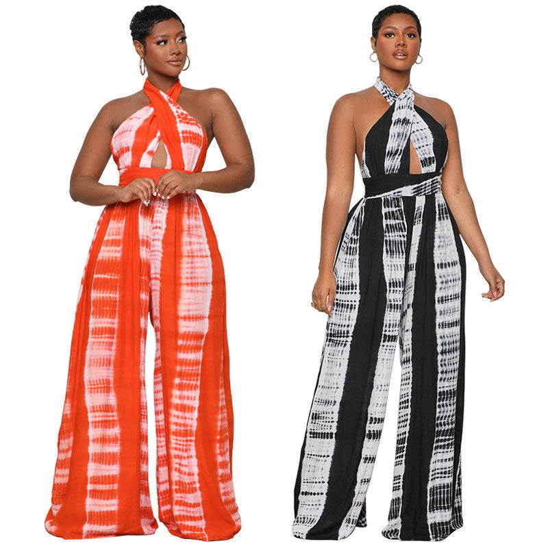 Women's Patterned Halter Neck Backless Floor-Length Wide-Leg Jumpsuit