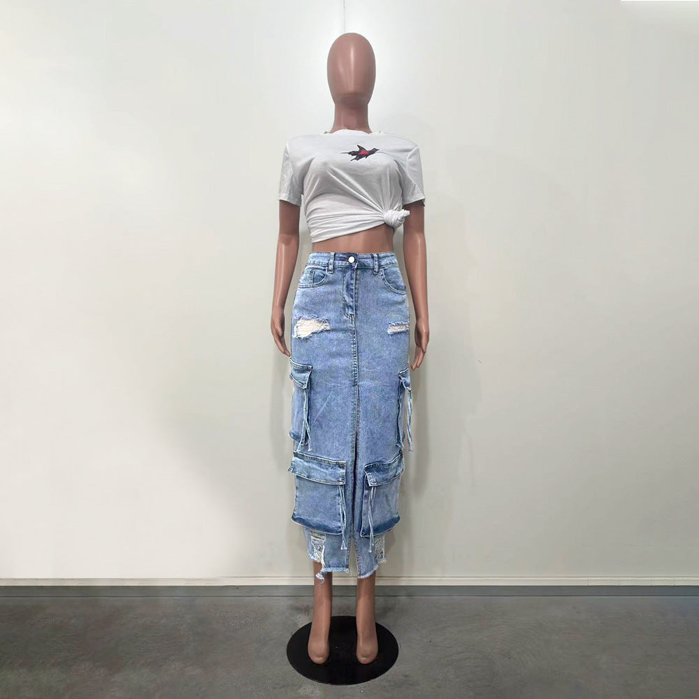 Women's Cargo Denim Midi Skirt with High Front Slit, Multiple Pockets, and Distressed Details