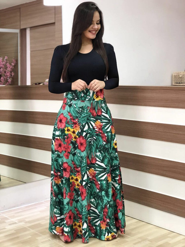 Floral High Waist Maxi Skirt with Flared Swing Silhouette