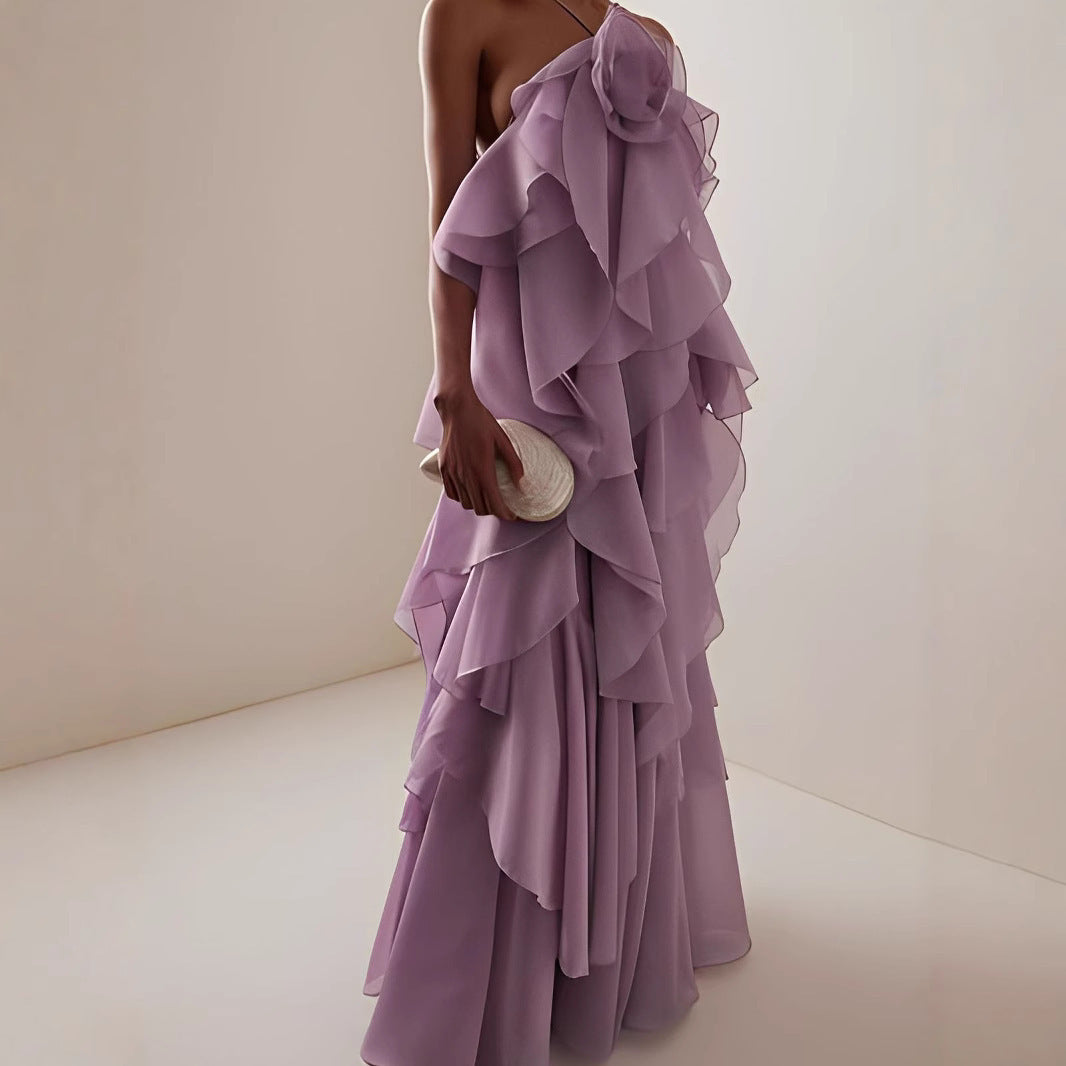 Women's Layered Ruffle Backless Halter Maxi Dress