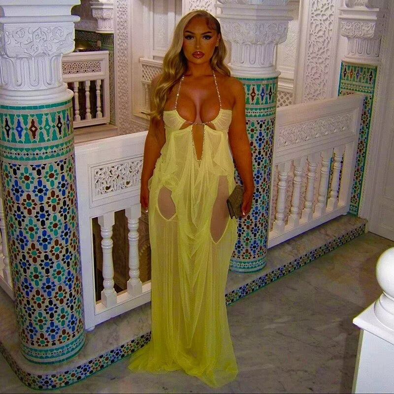 Women's Sheer Draped Halter Maxi Dress with Front and Side Cutouts