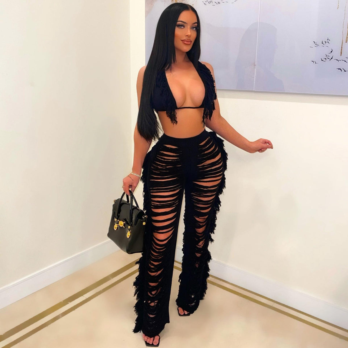 Women's Halter Crop Top and Cutout Wide-Leg Knit Pants Set with Fringe Detail