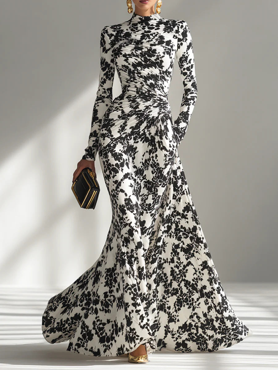 Floral Print High Neck Long Sleeve Mermaid Formal Maxi Dress