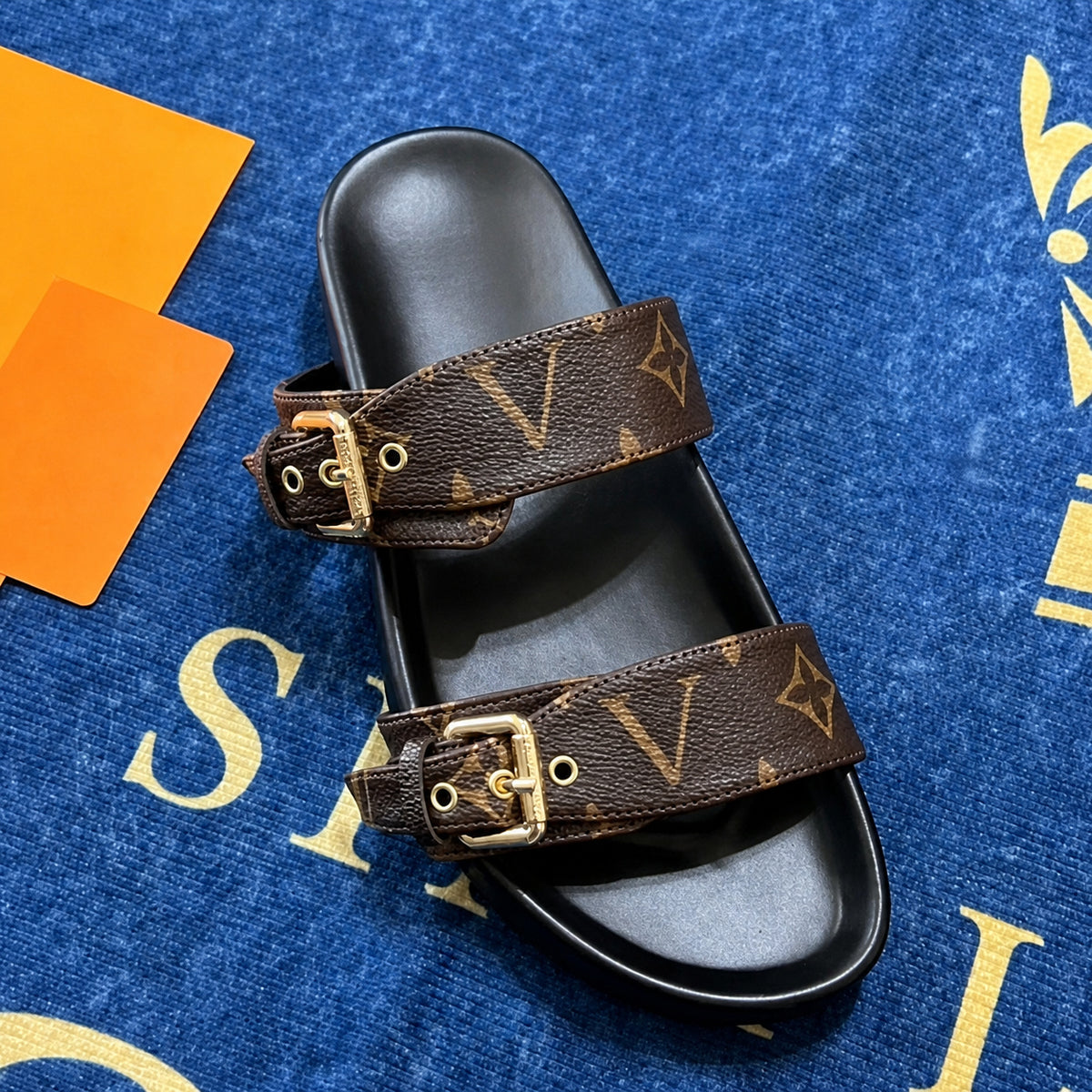 Double Buckle Two Strap Slide Sandals