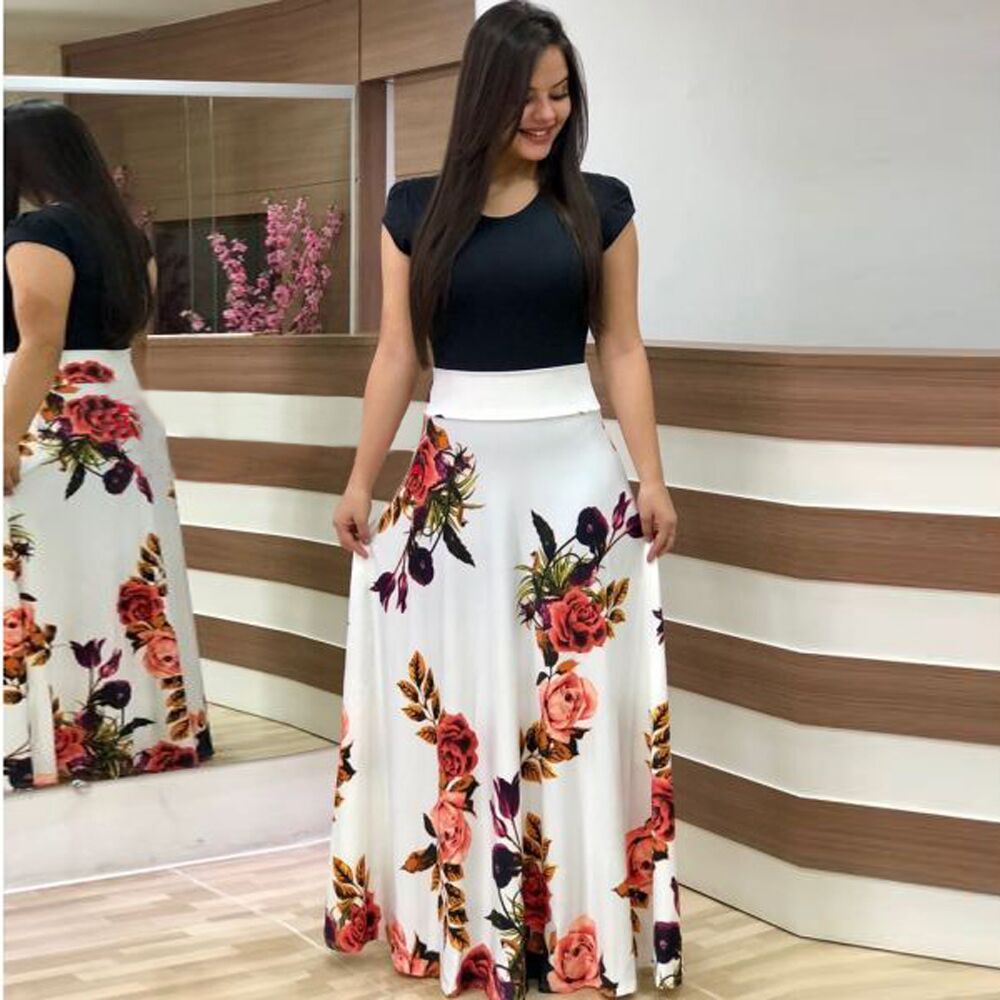 Floral High Waist Maxi Skirt with Flared Swing Silhouette