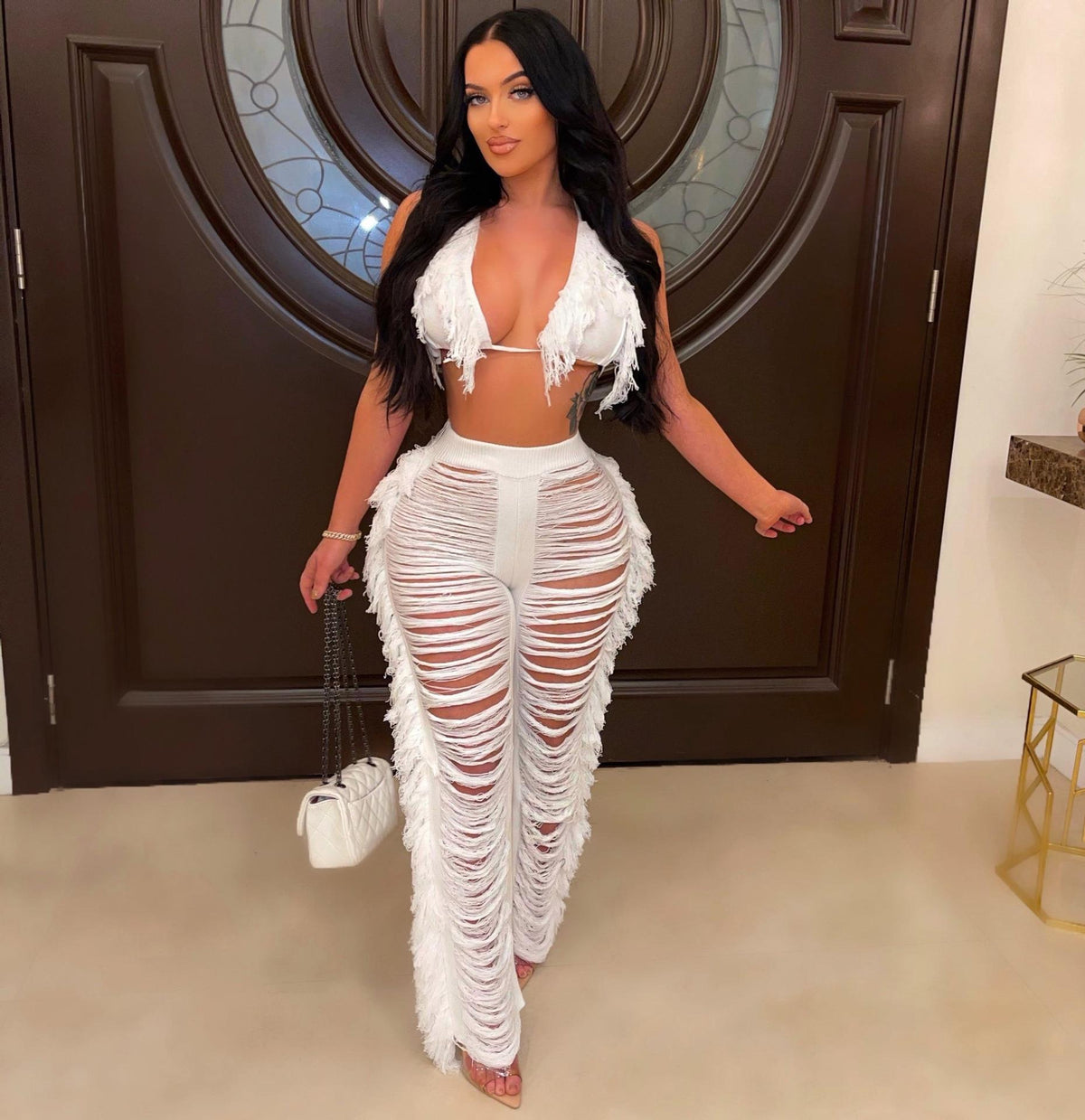 Women's Halter Crop Top and Cutout Wide-Leg Knit Pants Set with Fringe Detail