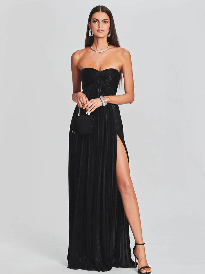 Strapless Pleated Evening Gown with Twist Front and High Side Slit