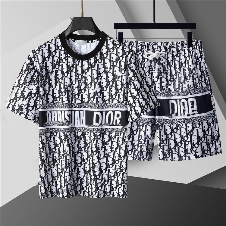 Unisex Graphic Print Crew Neck T-Shirt and Drawstring Shorts Set