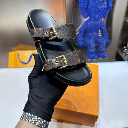 Double Buckle Two Strap Slide Sandals