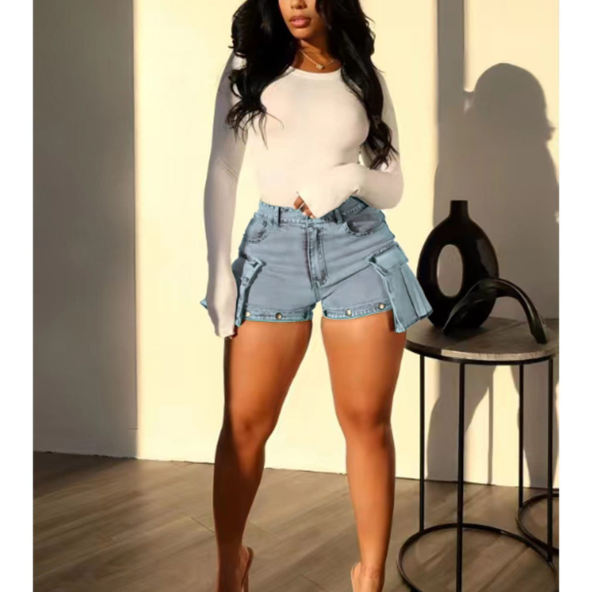 Women's Stretch Denim Convertible Cargo Pants with Detachable Shorts and Wide Legs