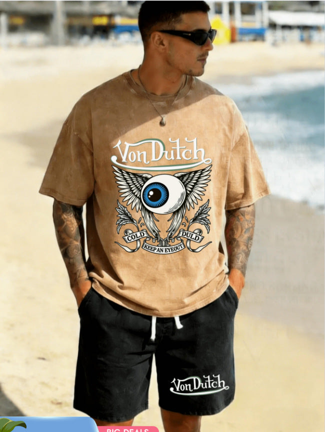 Men's Graphic Crew Neck T-Shirt and Drawstring Shorts Set
