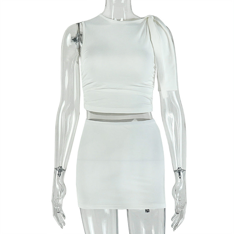 Women's Tie-Shoulder Crop Top and Ruched Mini Skirt Two-Piece Set