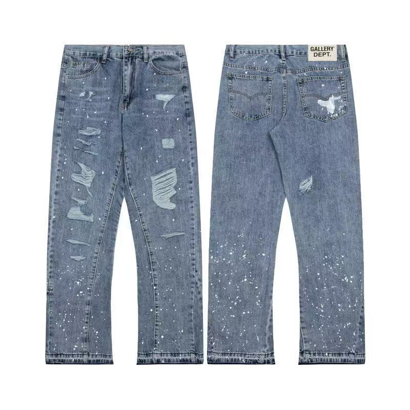 Men Cross-border foreign trade trendy brand Ga retro distressed splashed ink jeans high street straight wide-leg trousers men