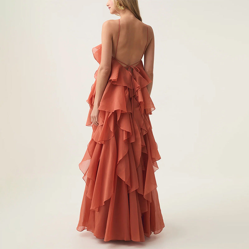 Women's Layered Ruffle Backless Halter Maxi Dress