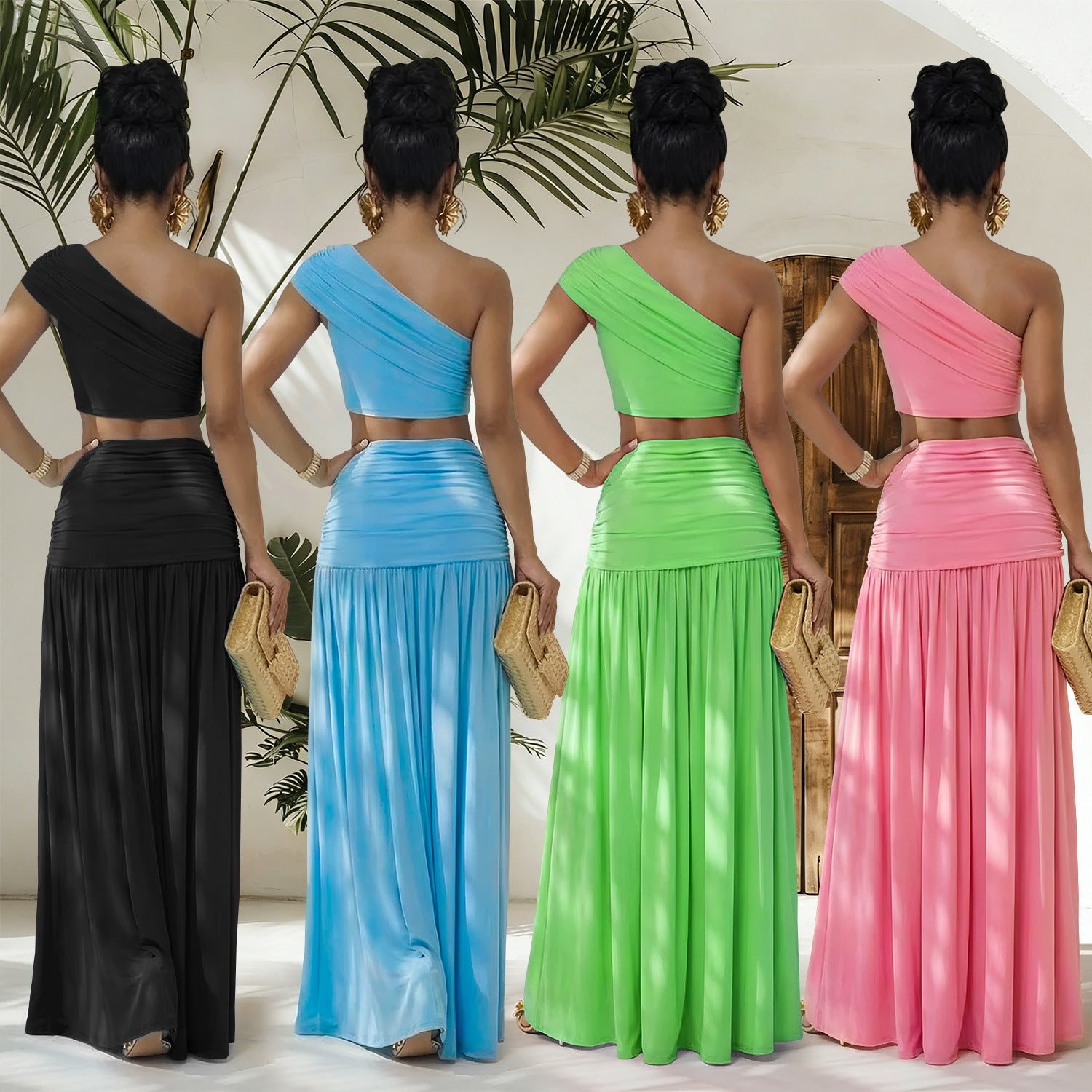 Chic Off Shoulder Crop Top Midi Skirt Set