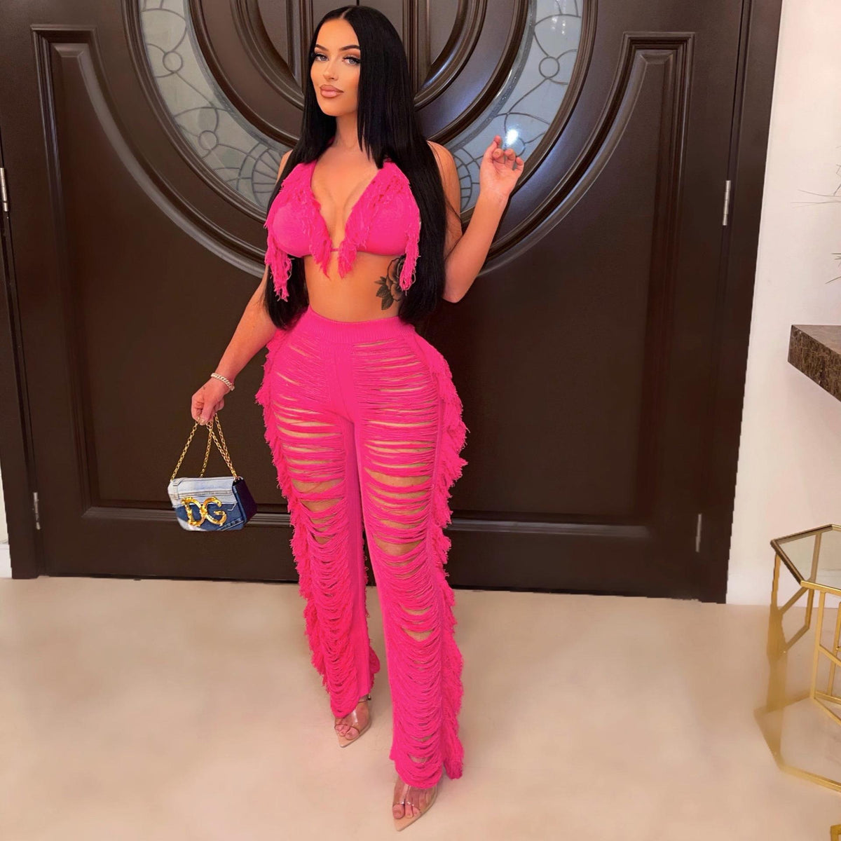 Women's Halter Crop Top and Cutout Wide-Leg Knit Pants Set with Fringe Detail