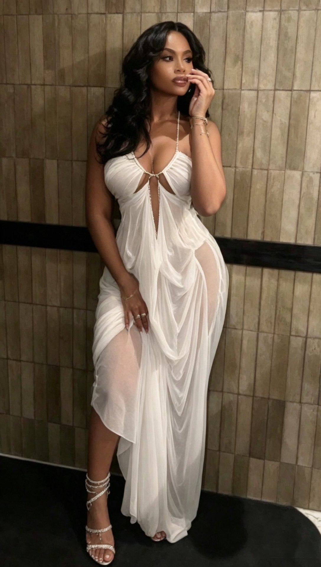 Women's Sheer Draped Halter Maxi Dress with Front and Side Cutouts