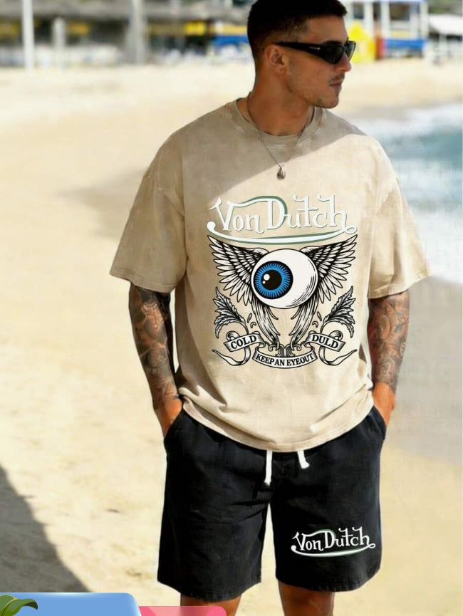Men's Graphic Crew Neck T-Shirt and Drawstring Shorts Set