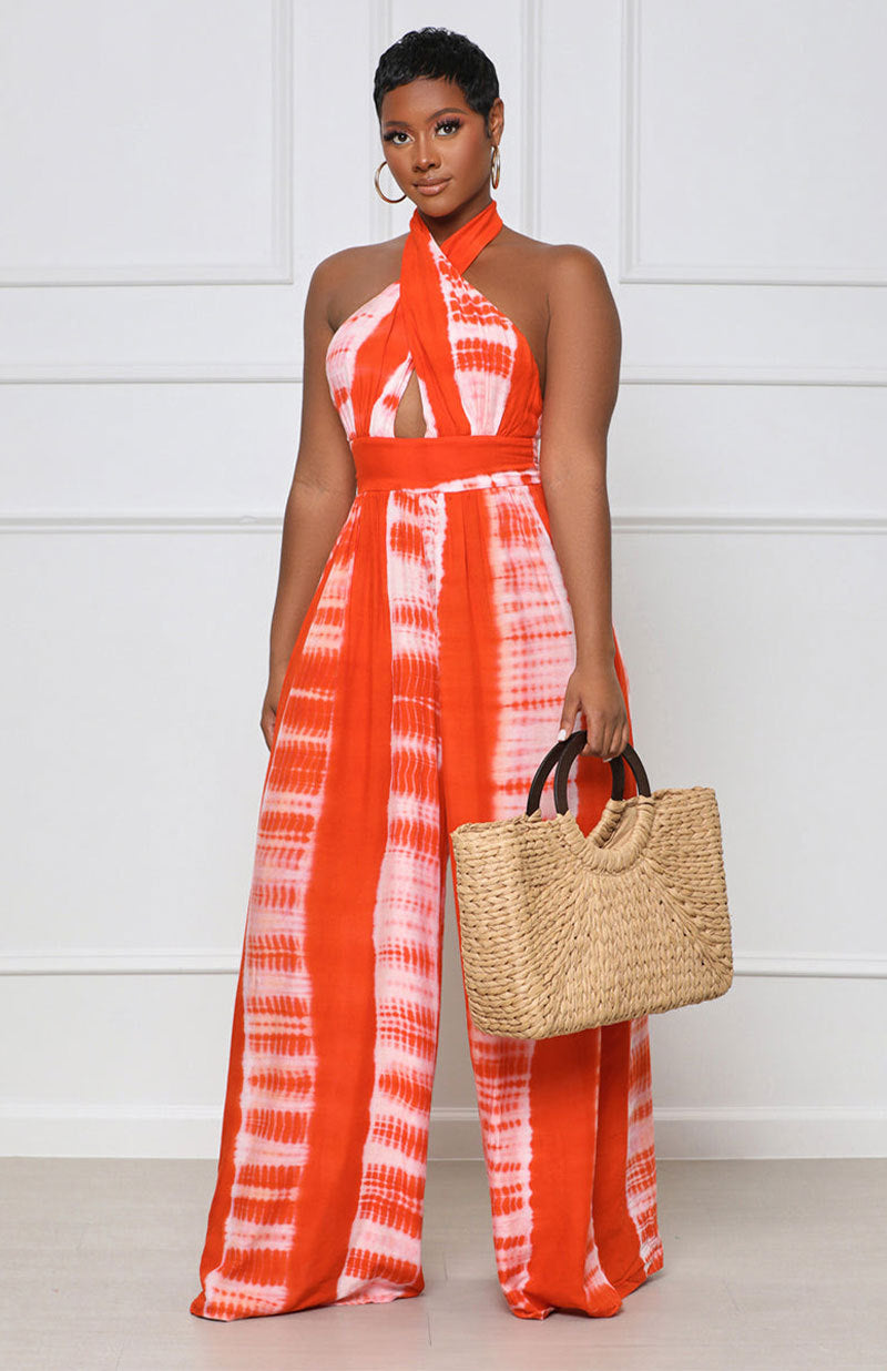 Women's Patterned Halter Neck Backless Floor-Length Wide-Leg Jumpsuit