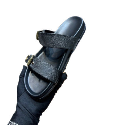Double Buckle Two Strap Slide Sandals