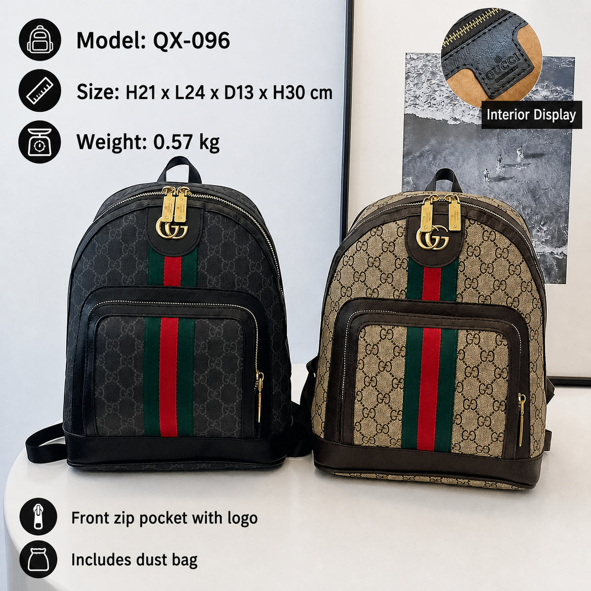 Patterned Backpack with Multiple Zip Compartments and Adjustable Shoulder Straps