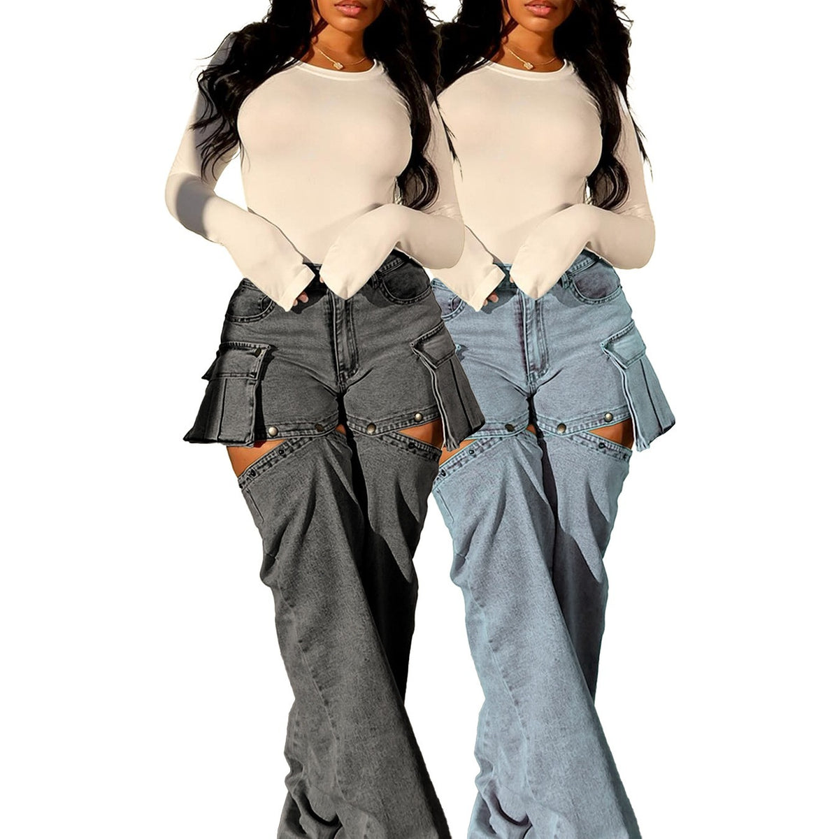 Women's Stretch Denim Convertible Cargo Pants with Detachable Shorts and Wide Legs