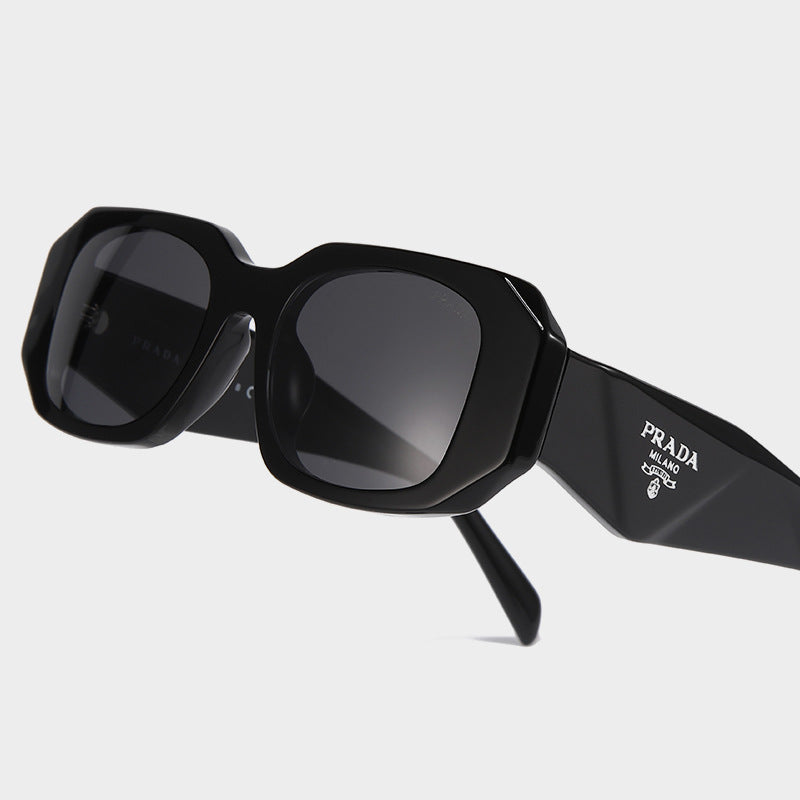 Black square frame sunglasses with Prada logo, HD dark lenses, and UV400 protection for driving.