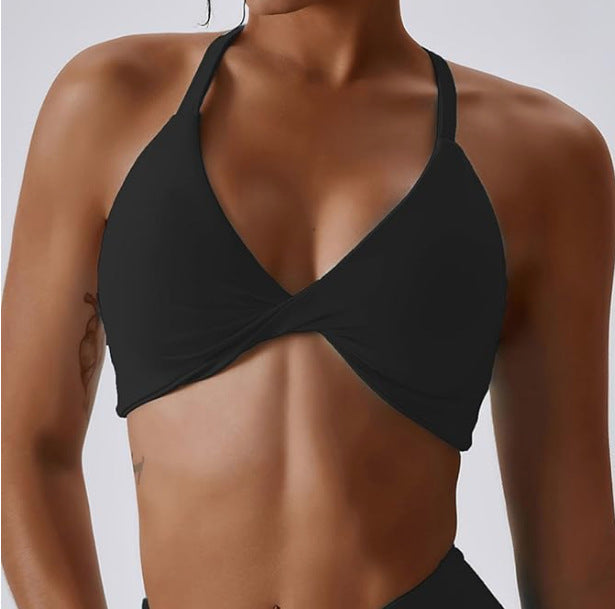 Women's Twist Front Halter Sports Bra with Strappy Open Back