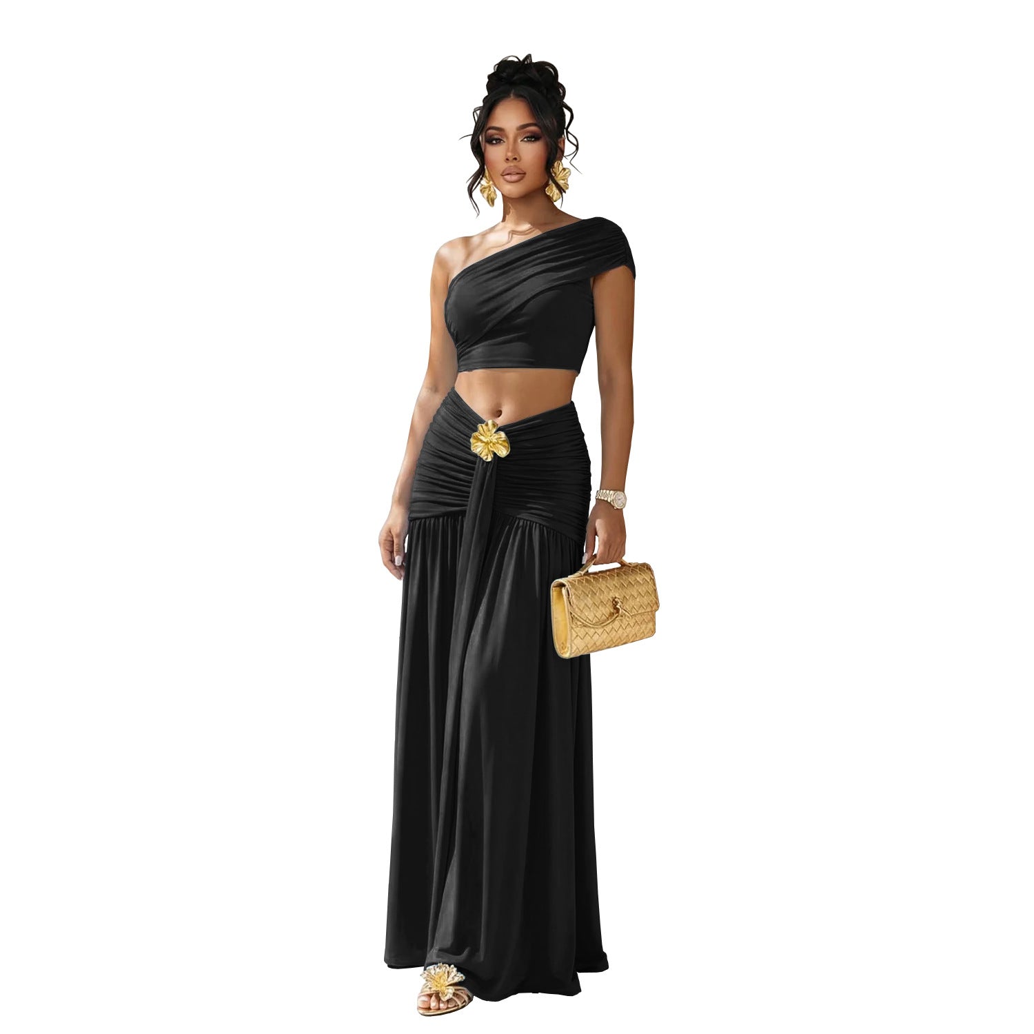 Chic Off Shoulder Crop Top Midi Skirt Set