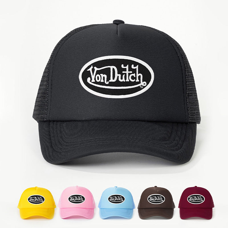 Adjustable Trucker Cap with Embroidered Graphic and Curved Brim
