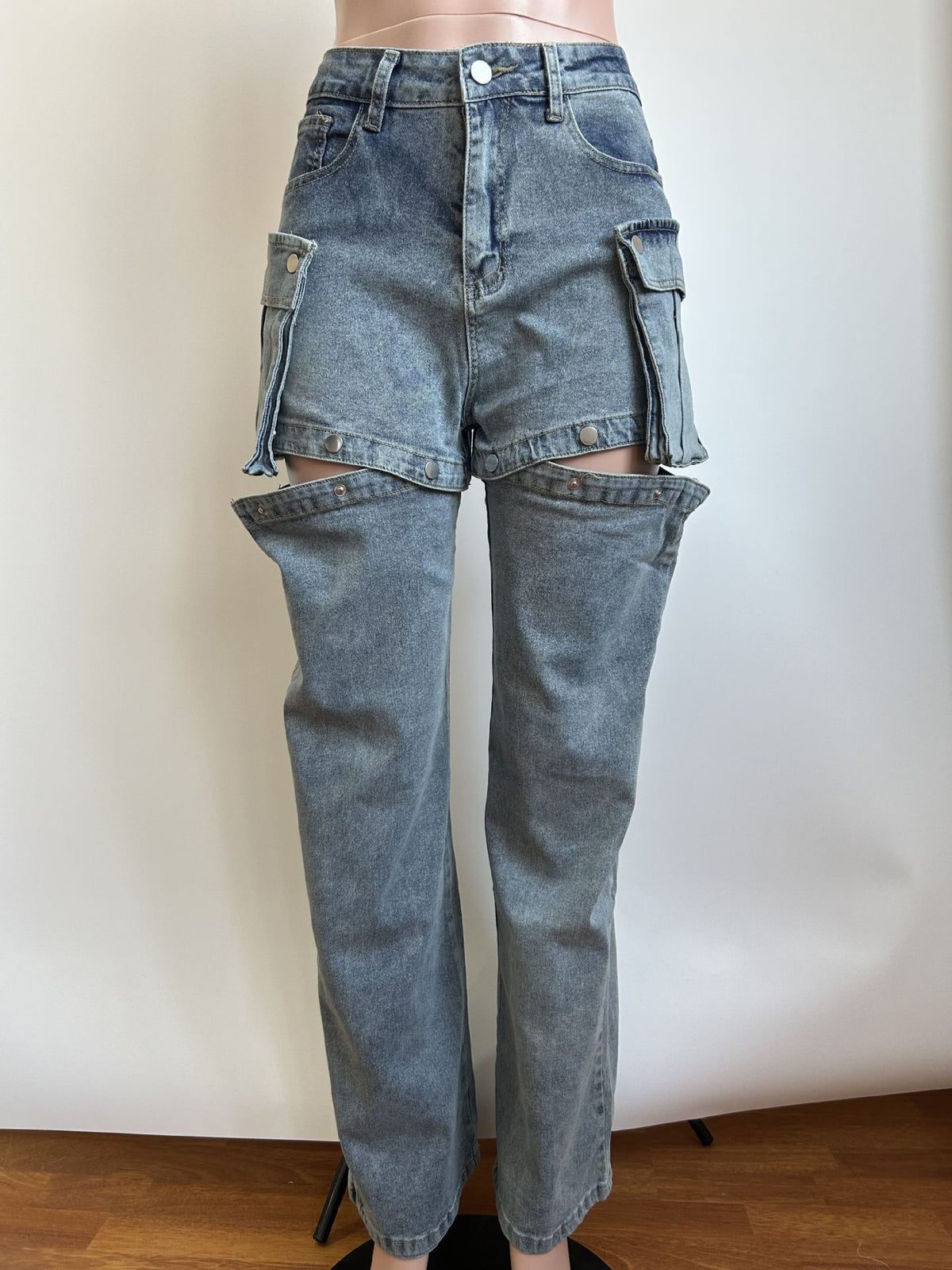Women's Stretch Denim Convertible Cargo Pants with Detachable Shorts and Wide Legs