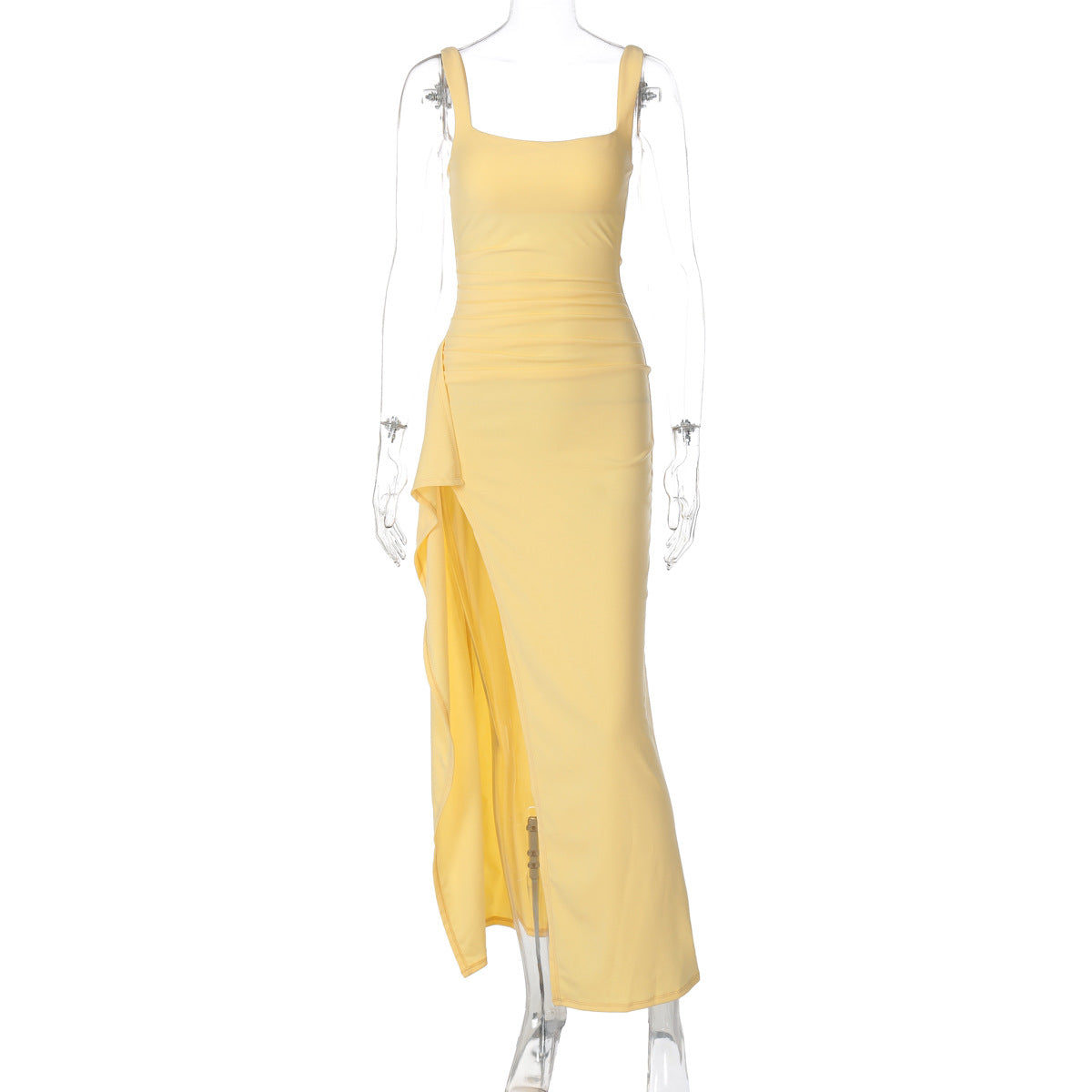 Women's Square Neck Ruched Maxi Dress with High Slit