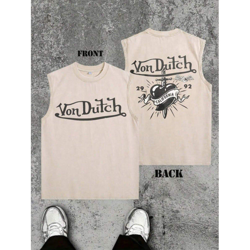 Sleeveless Graphic Tank Top with Crew Neck and Front-Back Prints