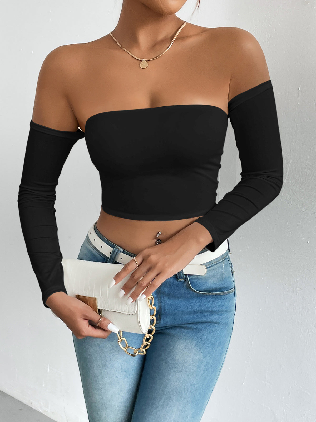 Off Shoulder Long Sleeve Crop Top