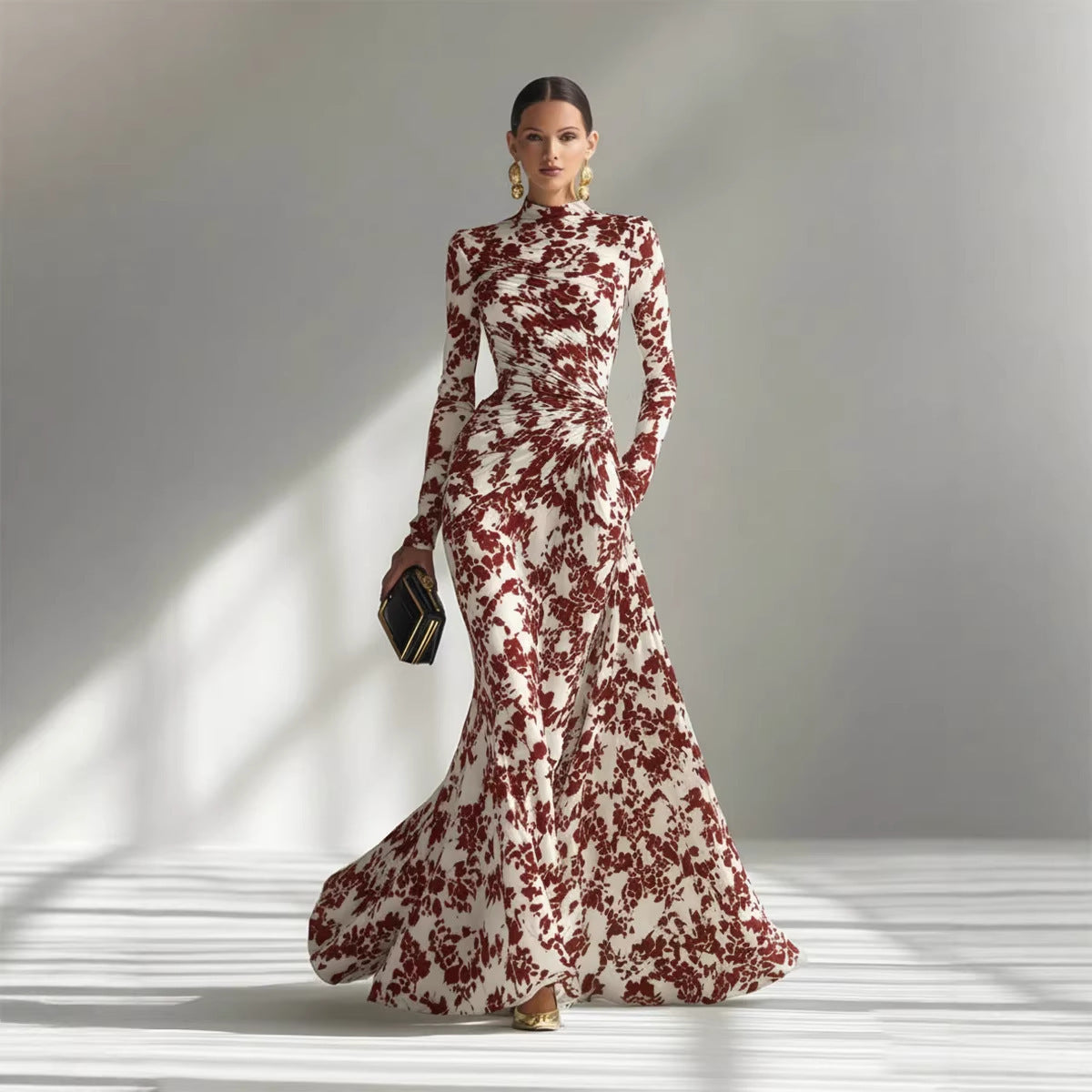 Floral Print High Neck Long Sleeve Mermaid Formal Maxi Dress