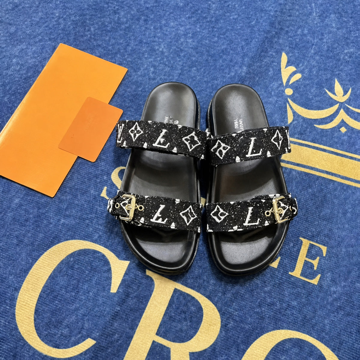 Double Buckle Two Strap Slide Sandals