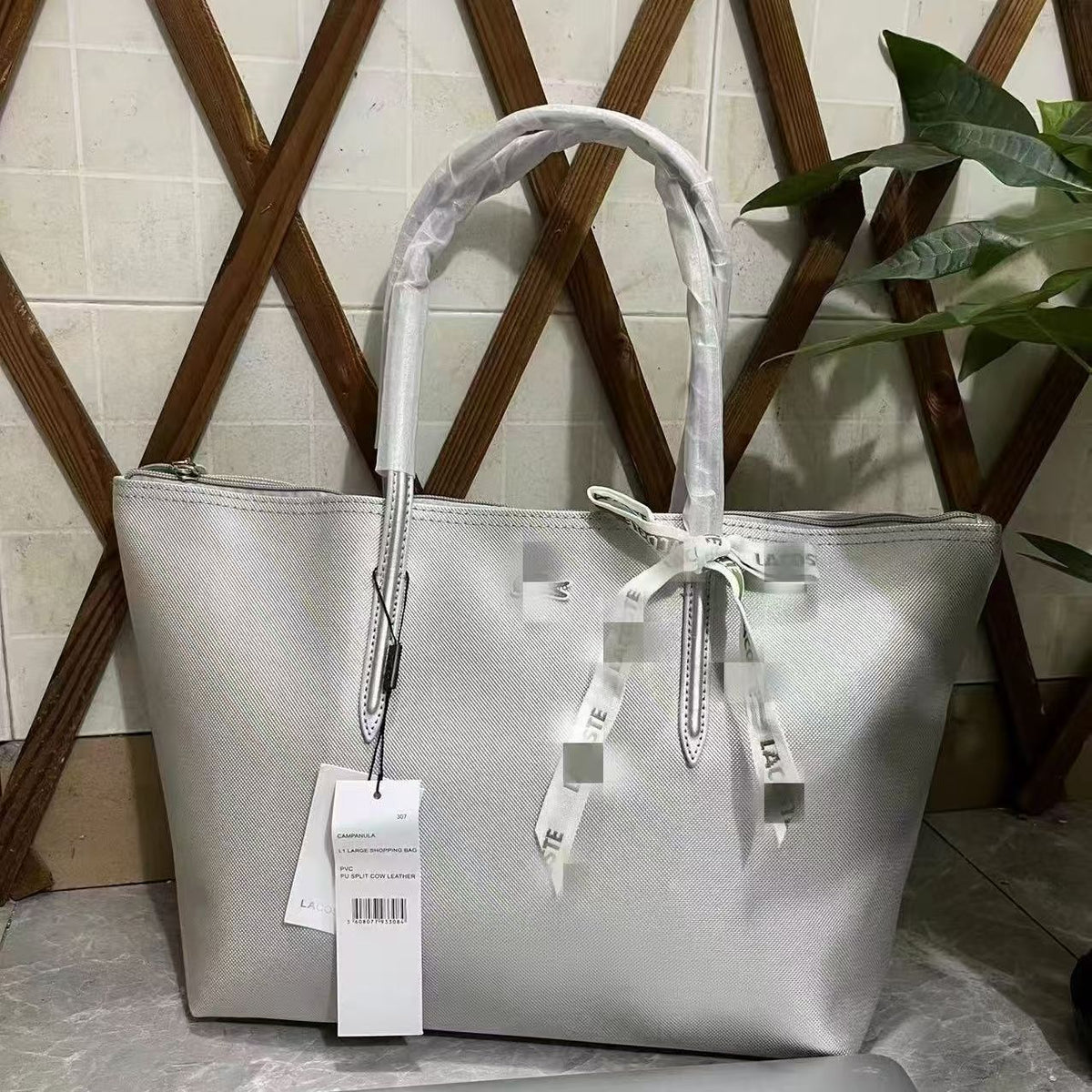 Textured Tote Bag with Bow Detail and Zip Top Closure