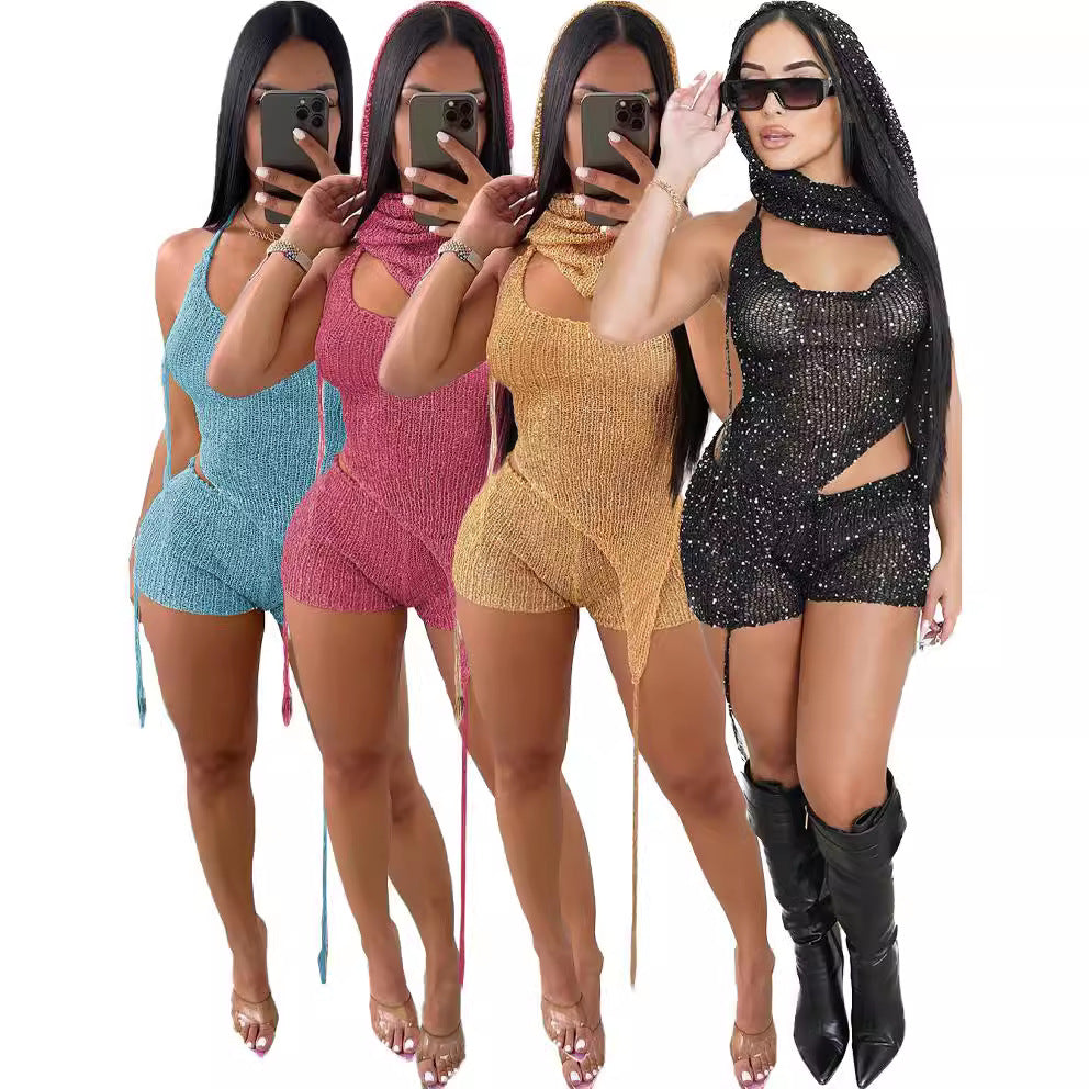 Luxe Contour Cutout Three Piece Set For Women With Sculpted Silhouette And Coordinated Scarf