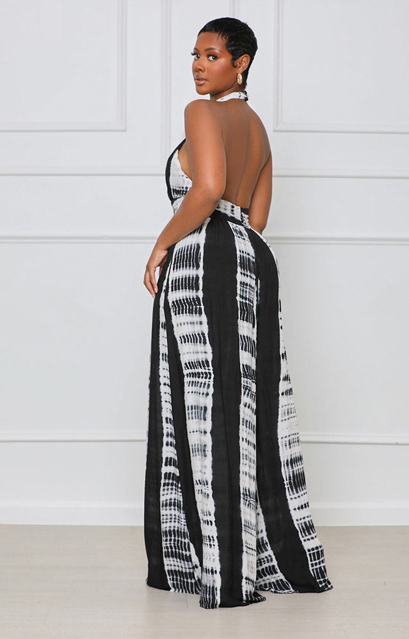 Women's Patterned Halter Neck Backless Floor-Length Wide-Leg Jumpsuit
