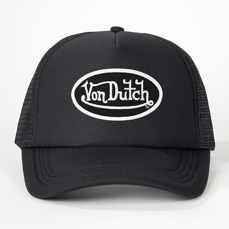 Adjustable Trucker Cap with Embroidered Graphic and Curved Brim