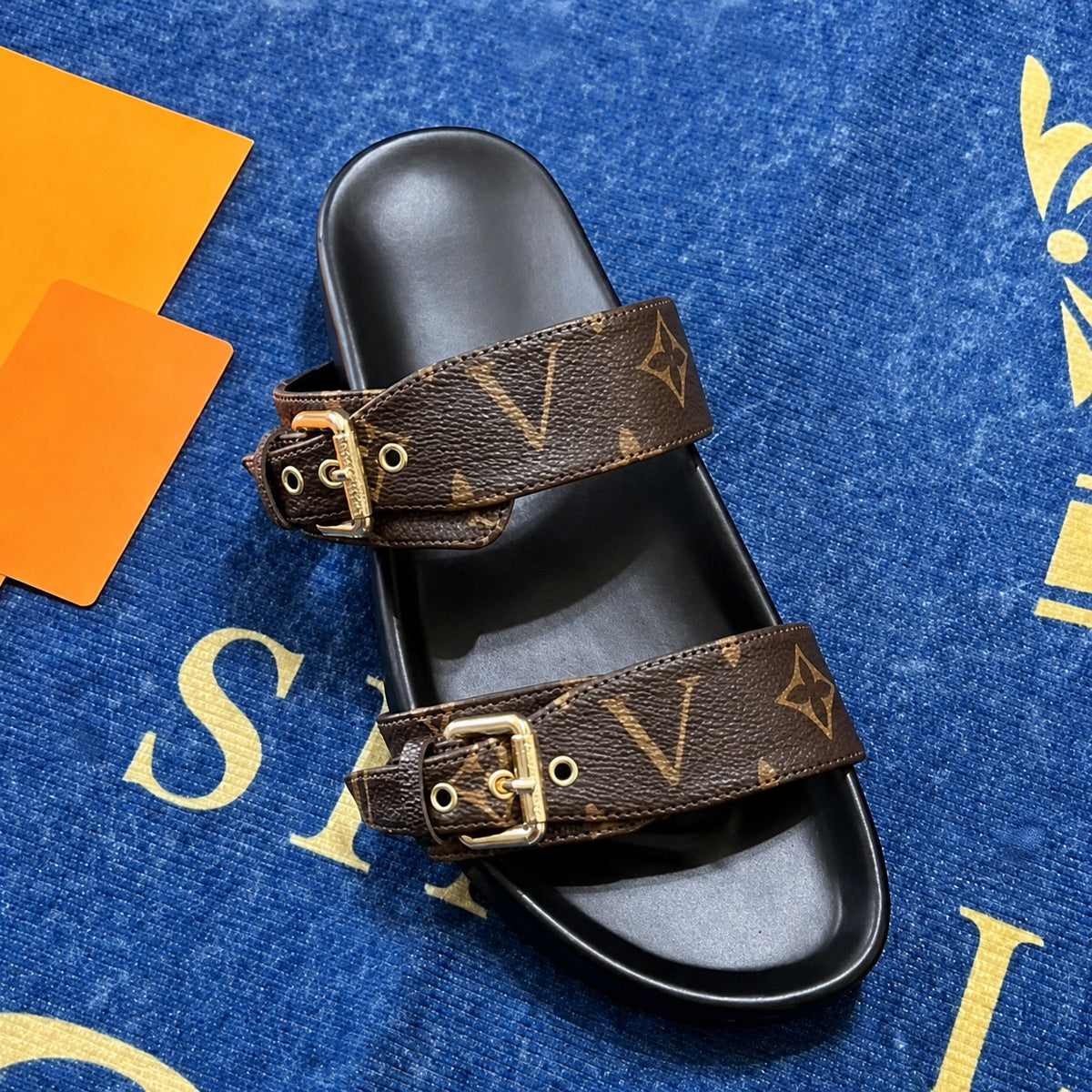 Double Buckle Two Strap Slide Sandals