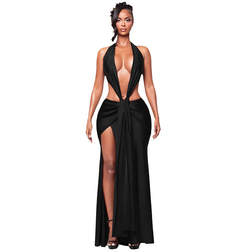 Bold Halter Deep Cut Evening Gown With Twist Detail