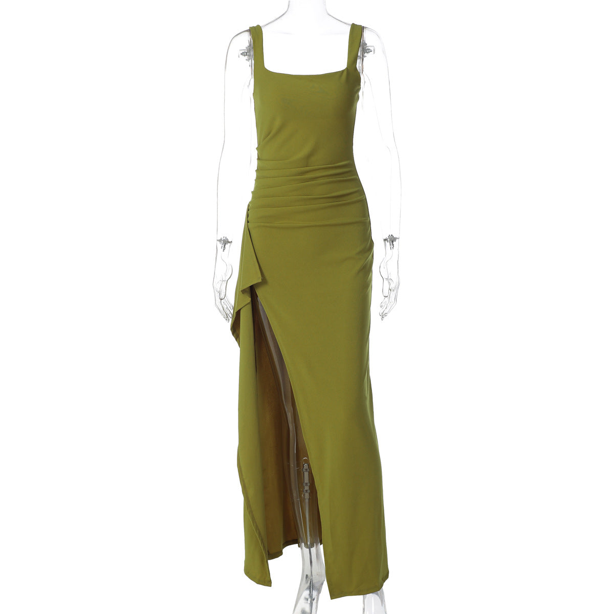 Women's Square Neck Ruched Maxi Dress with High Slit