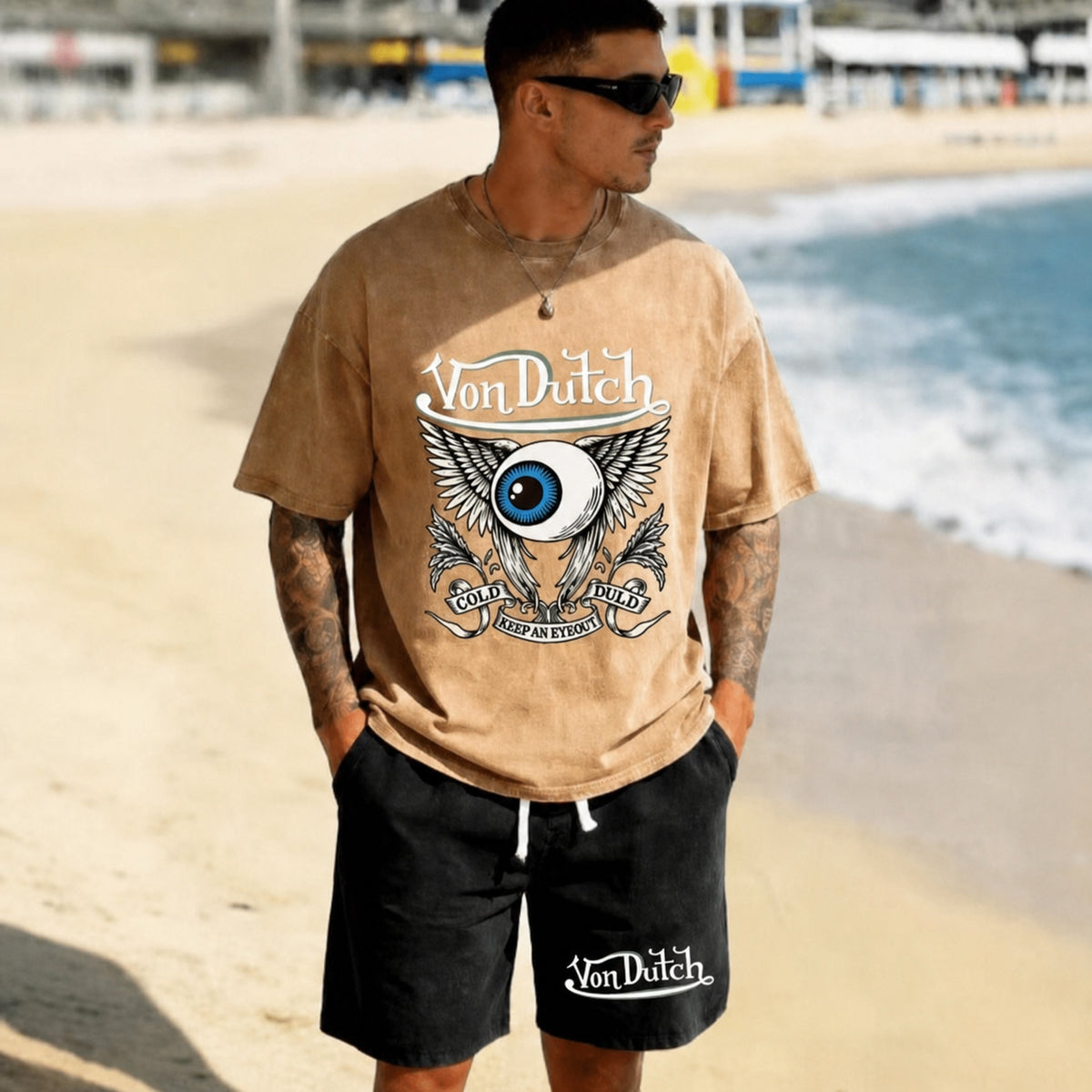 Men's Graphic Crew Neck T-Shirt and Drawstring Shorts Set