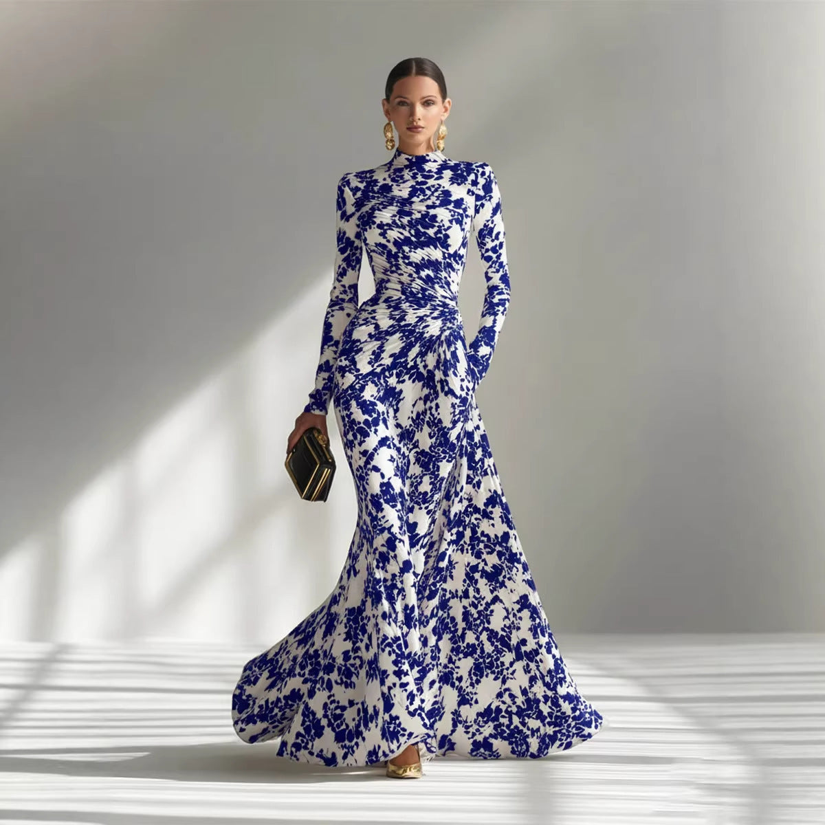 Floral Print High Neck Long Sleeve Mermaid Formal Maxi Dress
