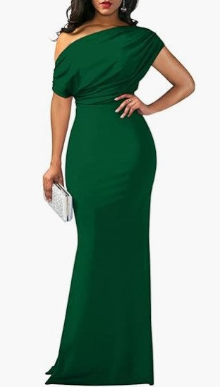 Women's One-Shoulder Draped Fitted Floor-Length Evening Dress