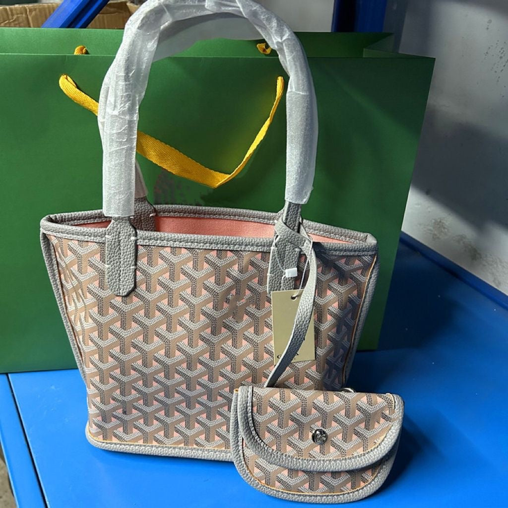 Luxe Geometric Patterned Tote Bag Mini Pouch Set